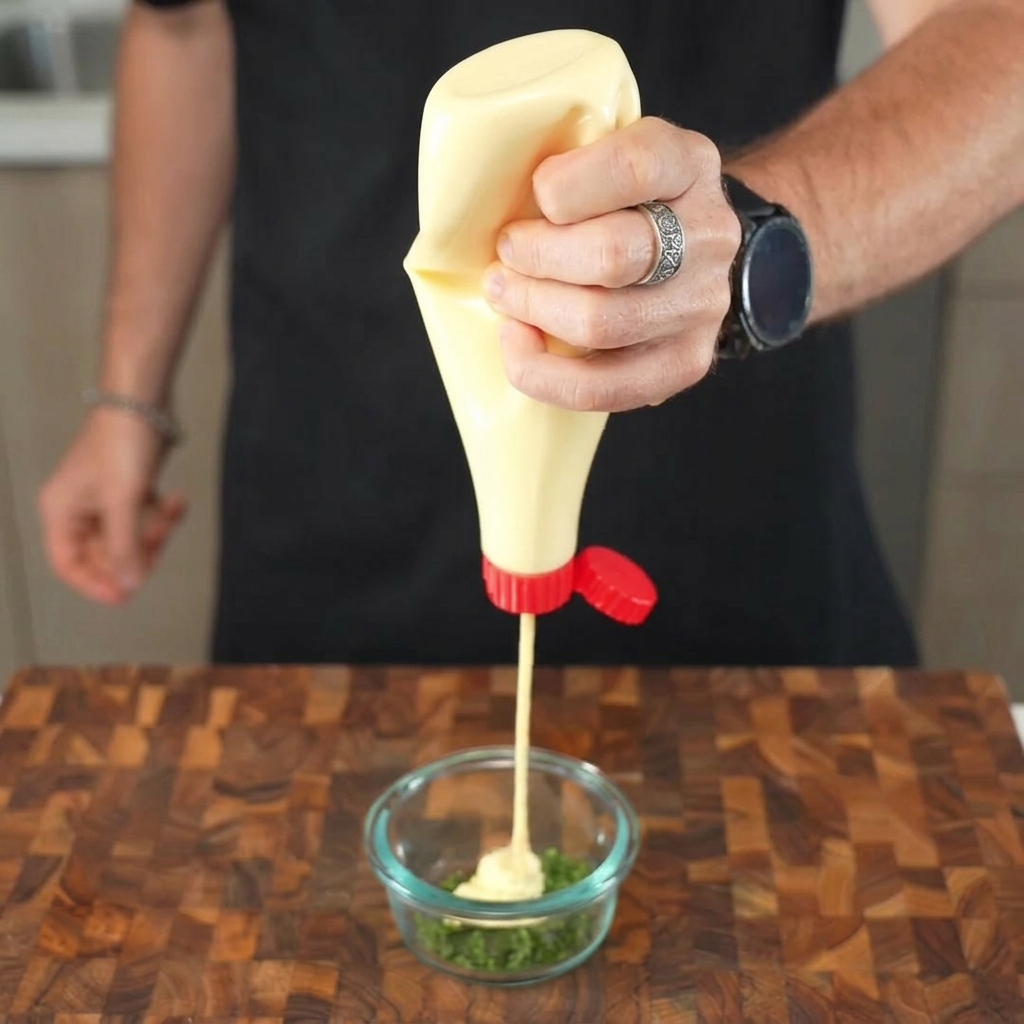 Maionese, senape e succo di lime vengono mescolati con erbe fresche in una piccola ciotola di vetro.
