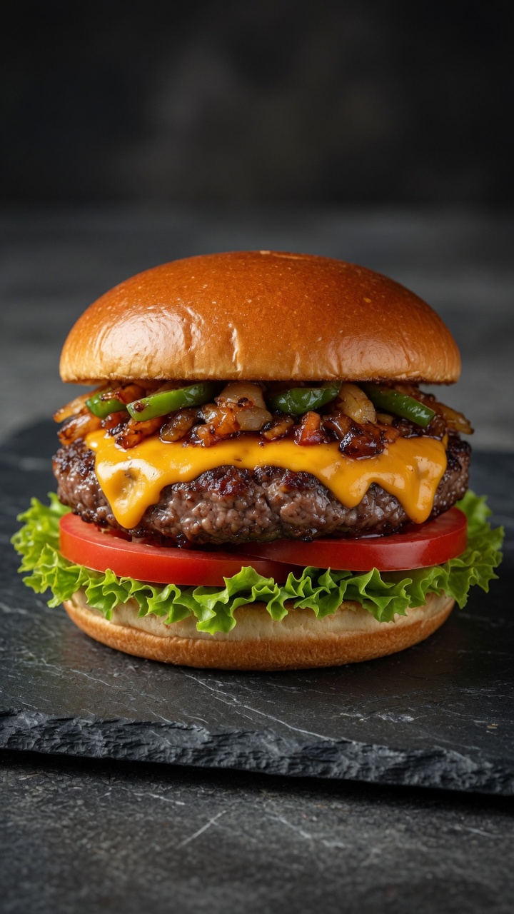 Un Mexican chili cheese burger gourmet con succoso hamburger di manzo, cheddar fuso e peperoni grigliati su un panino tostato.