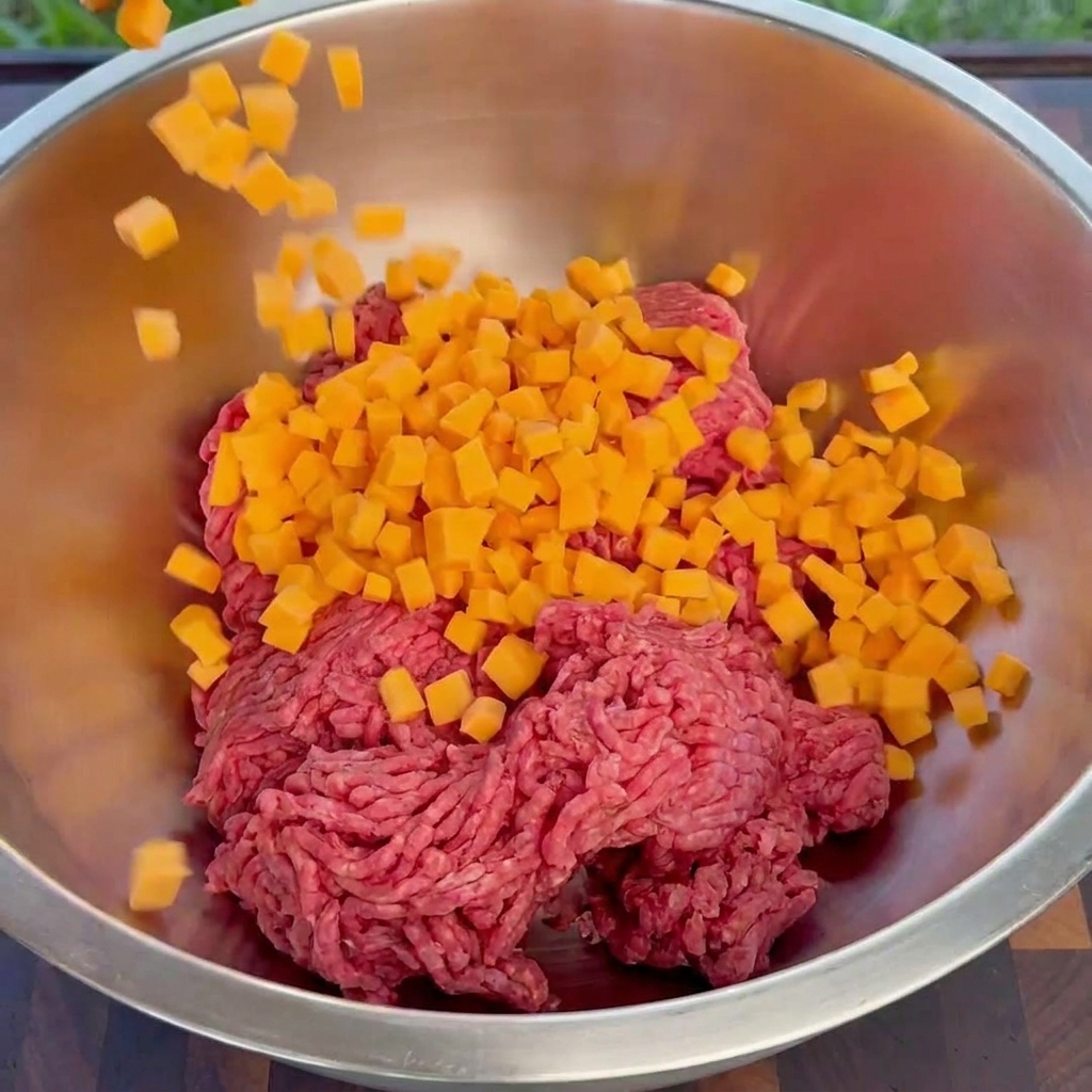 Cubetti di formaggio cheddar arancione versati in una ciotola di acciaio inossidabile piena di carne macinata.