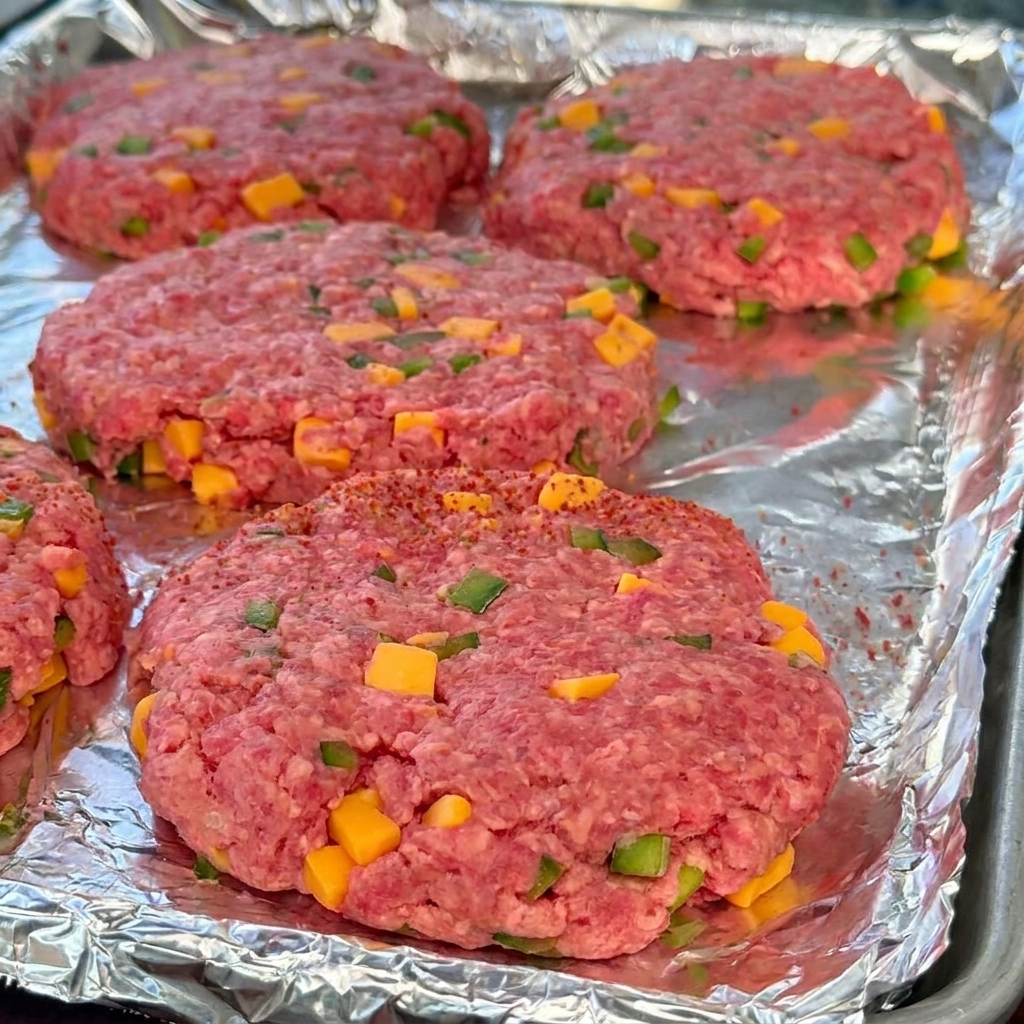 Quattro spessi hamburger di manzo crudi con pezzi di formaggio e peperoni, spolverati di un rub rosso per BBQ, su una teglia foderata di carta stagnola.