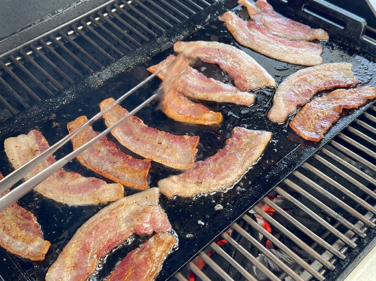 Strisce di bacon a taglio spesso sfrigolanti su una piastra in ghisa, girate con delle pinze di metallo.