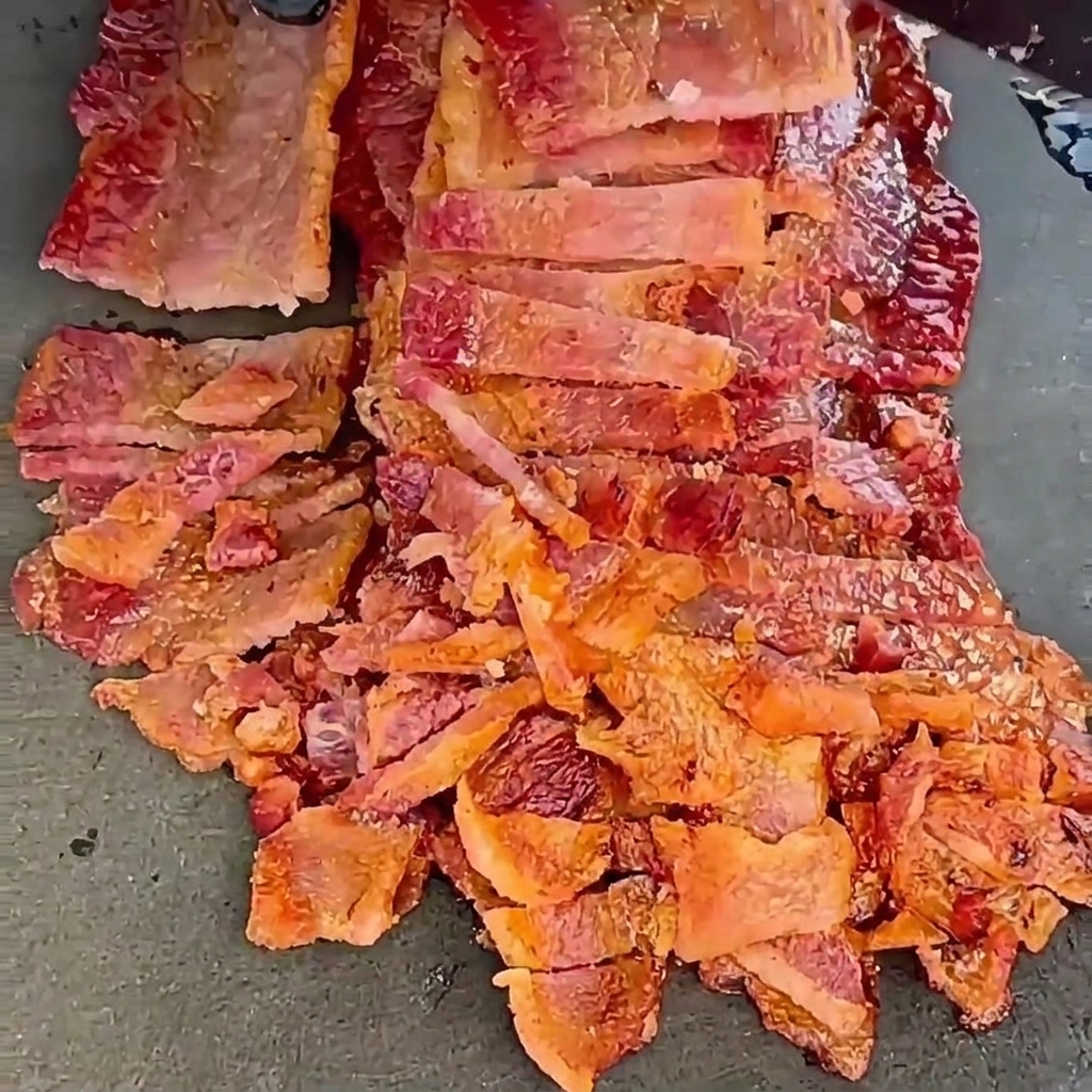 Strisce di bacon croccante e cotto, tagliate grossolanamente in piccoli pezzi su una superficie scura.