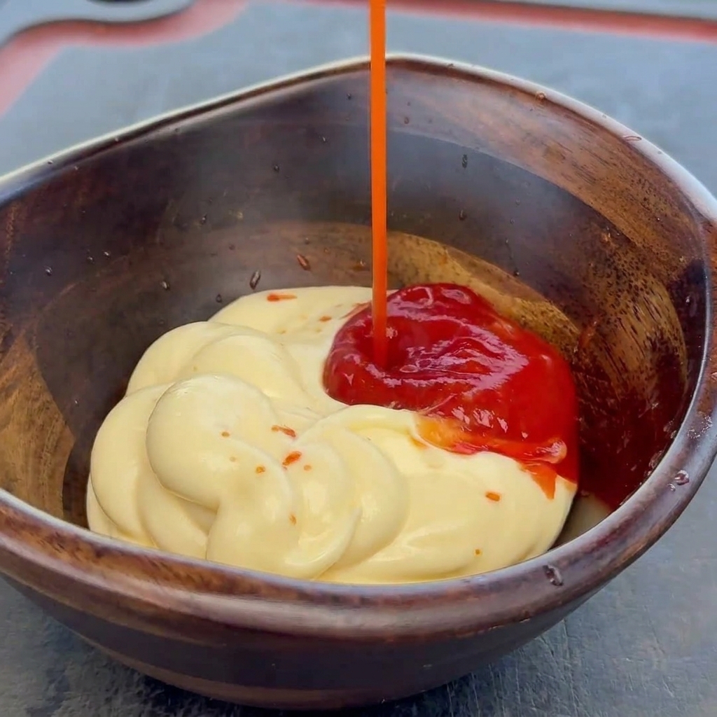 Ketchup rosso versato in una piccola ciotola di legno contenente maionese cremosa.