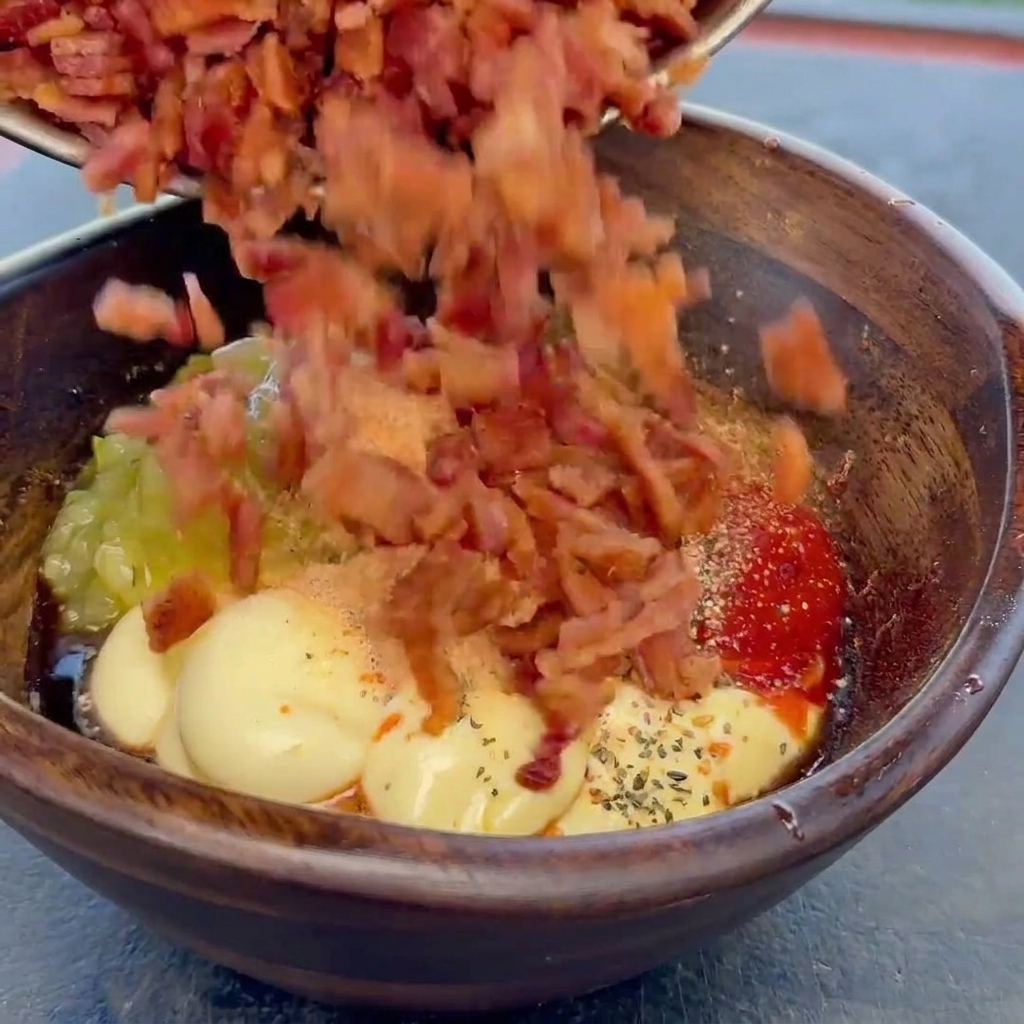 Pezzetti di bacon croccante tritato che cadono in una ciotola di legno piena di una salsa per hamburger cremosa e condita.