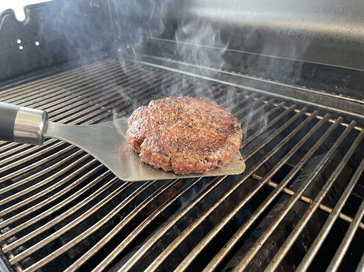 Un hamburger di manzo spesso e ben rosolato che viene girato sulla griglia.