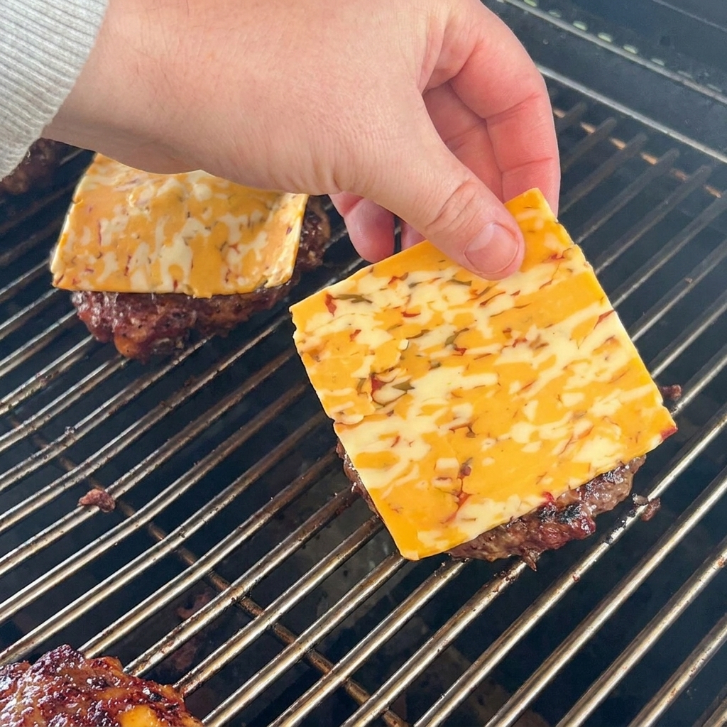 Una fetta di formaggio cheddar marmorizzato posizionata su un hamburger di manzo caldo in cottura.
