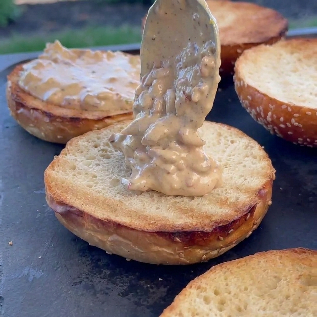 Salsa cremosa al bacon spalmata su un panino per hamburger tostato.