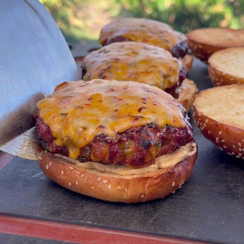 Unulteriore cucchiaiata di salsa aggiunta sopra il formaggio fuso dellhamburger.
