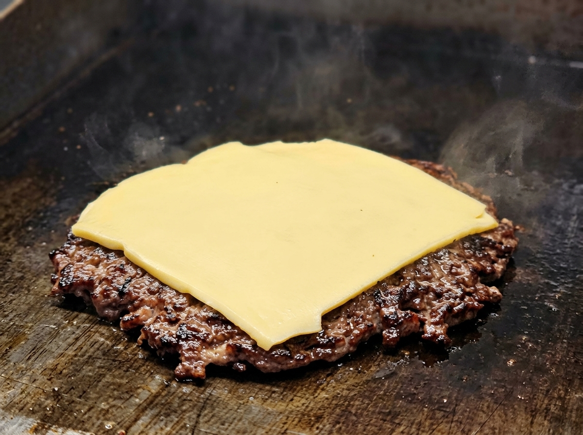 Una fetta di formaggio giallo che inizia a sciogliersi sopra una polpetta di manzo croccante.