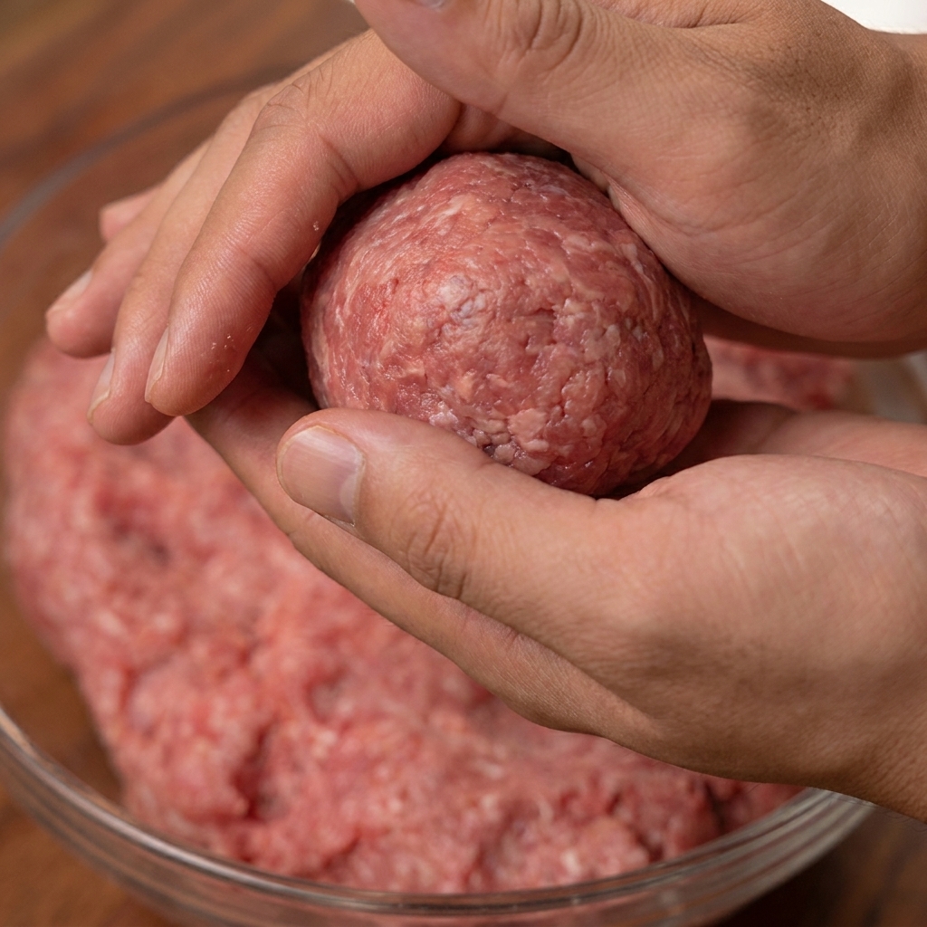 Condimento spolverato su una polpetta di carne cruda e appiattita.