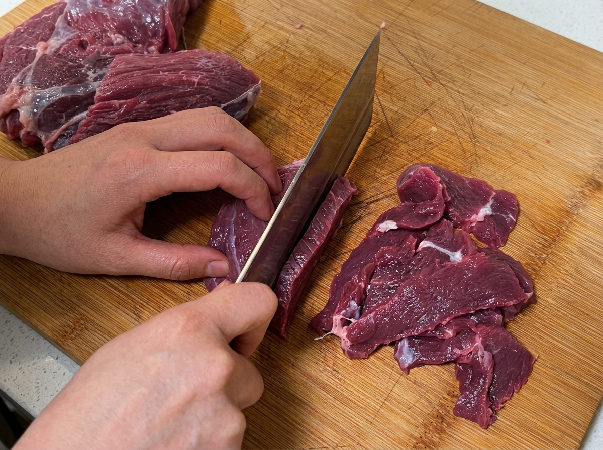 Mani che usano una mannaia per affettare un grosso pezzo di manzo crudo fresco in strisce più piccole su un tagliere di legno.