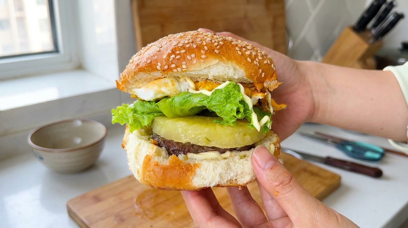 Un imponente hamburger fatto in casa composto da un succoso disco di manzo, ananas grigliato, lattuga fresca e un uovo allocchio di bue.