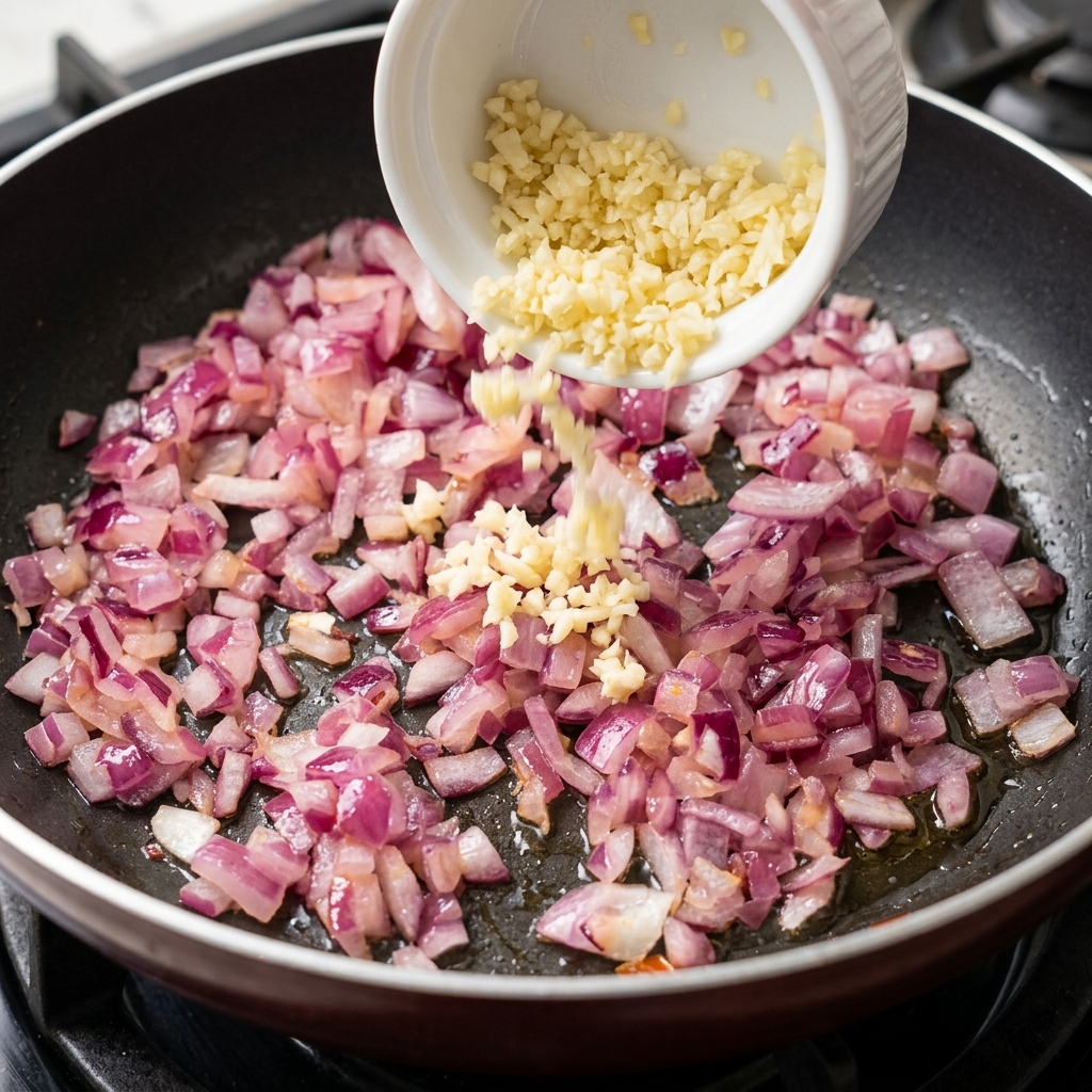 Aglio tritato aggiunto in padella con la cipolla soffritta.