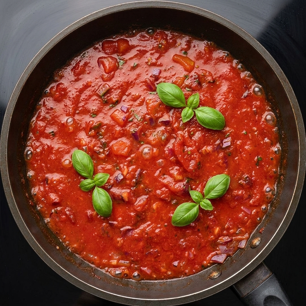 Zucchero ed erbe aromatiche aggiunte al sugo di pomodoro che sobbolle.