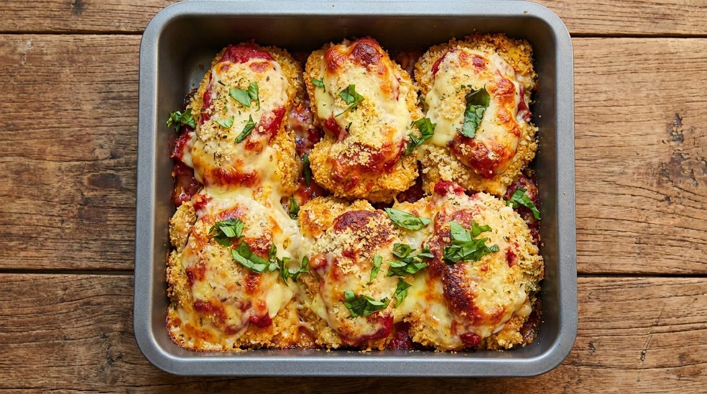 Pollo impanato dorato e croccante, arricchito con salsa al pomodoro, formaggio fuso e foglie di basilico fresco.