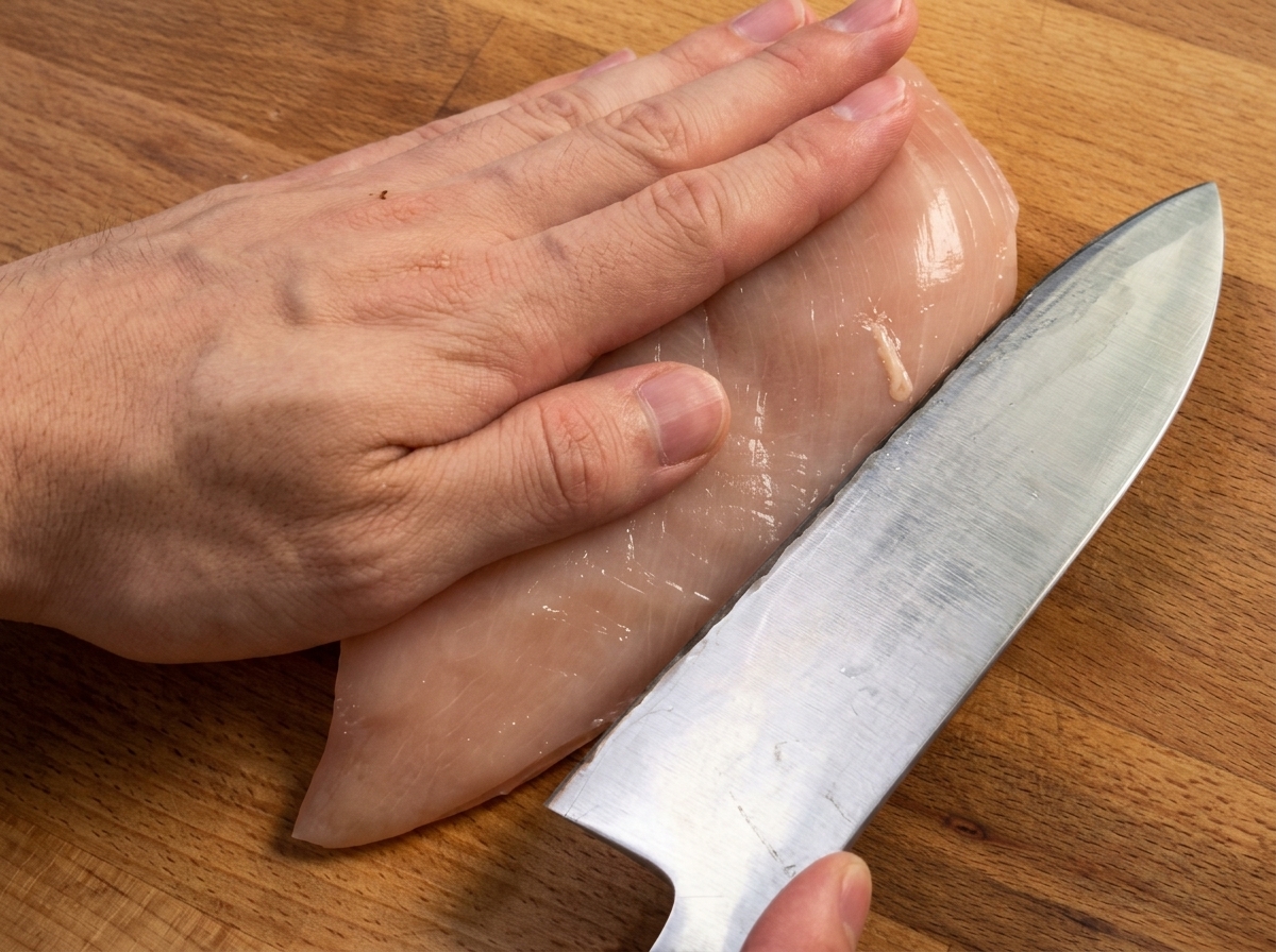 Una mano che tiene un coltello da chef pronta ad affettare orizzontalmente un petto di pollo crudo su un tagliere di legno.