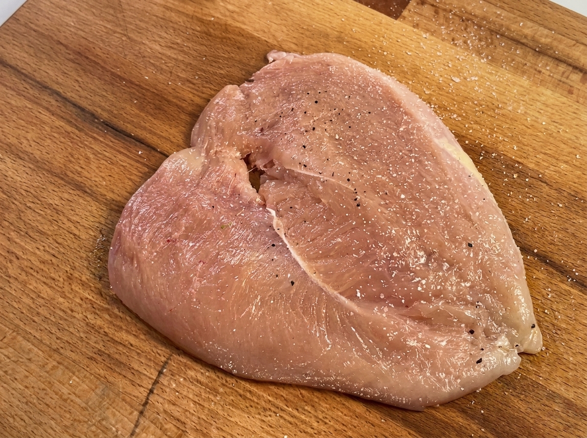 Pepe nero macinato fresco e sale cosparsi su un petto di pollo crudo su una superficie di legno.