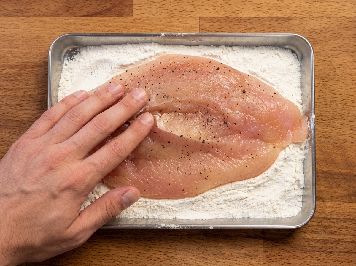 Un petto di pollo premuto in una teglia di farina condita.