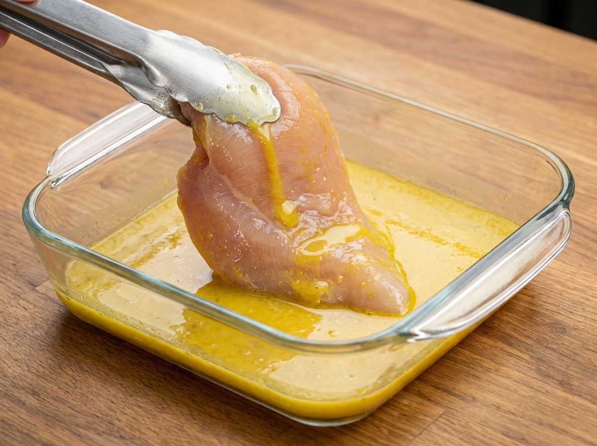 Un petto di pollo sollevato con le pinze da un piatto di uova sbattute.