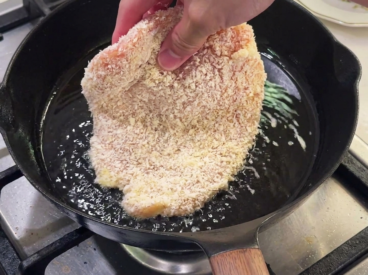 Petto di pollo impanato che frigge in una padella con olio caldo.