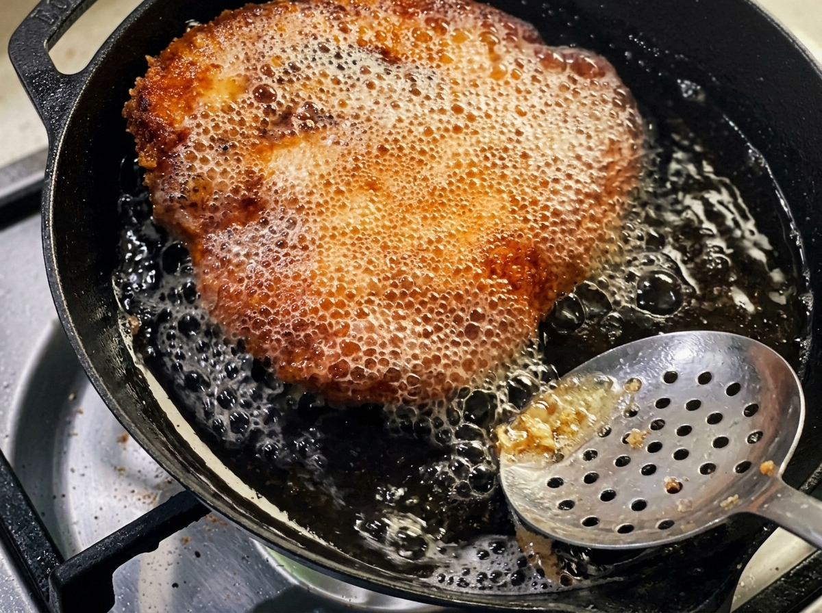 Un cucchiaio che versa olio caldo sopra il petto di pollo che sta dorando nella padella.