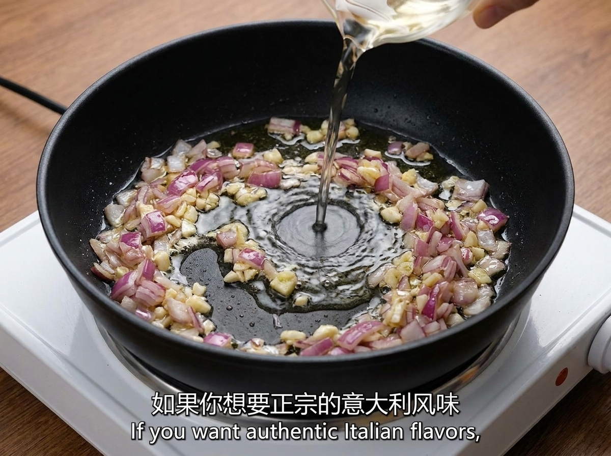 Brodo di pollo versato da un misurino in una padella contenente il soffritto di aglio e cipolla rossa.