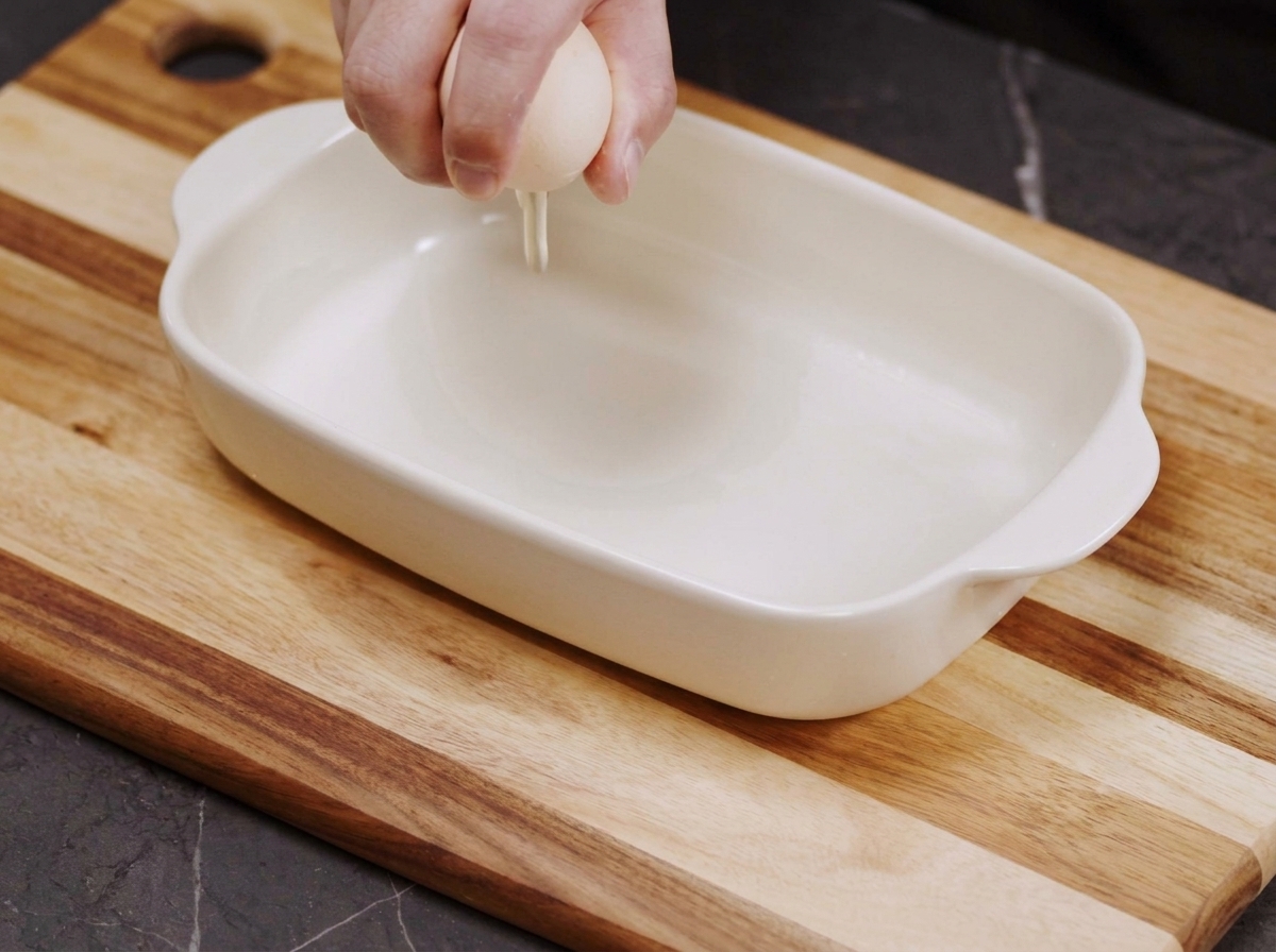 Una mano che rompe un uovo in una pirofila di ceramica bianca pronta per essere sbattuta.