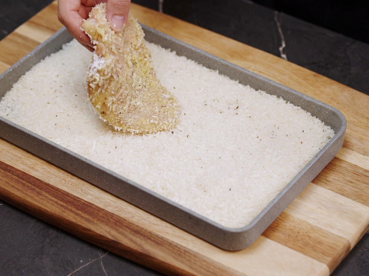 Una mano che preme un pezzo di pollo su un vassoio pieno di pangrattato ed erbe aromatiche.