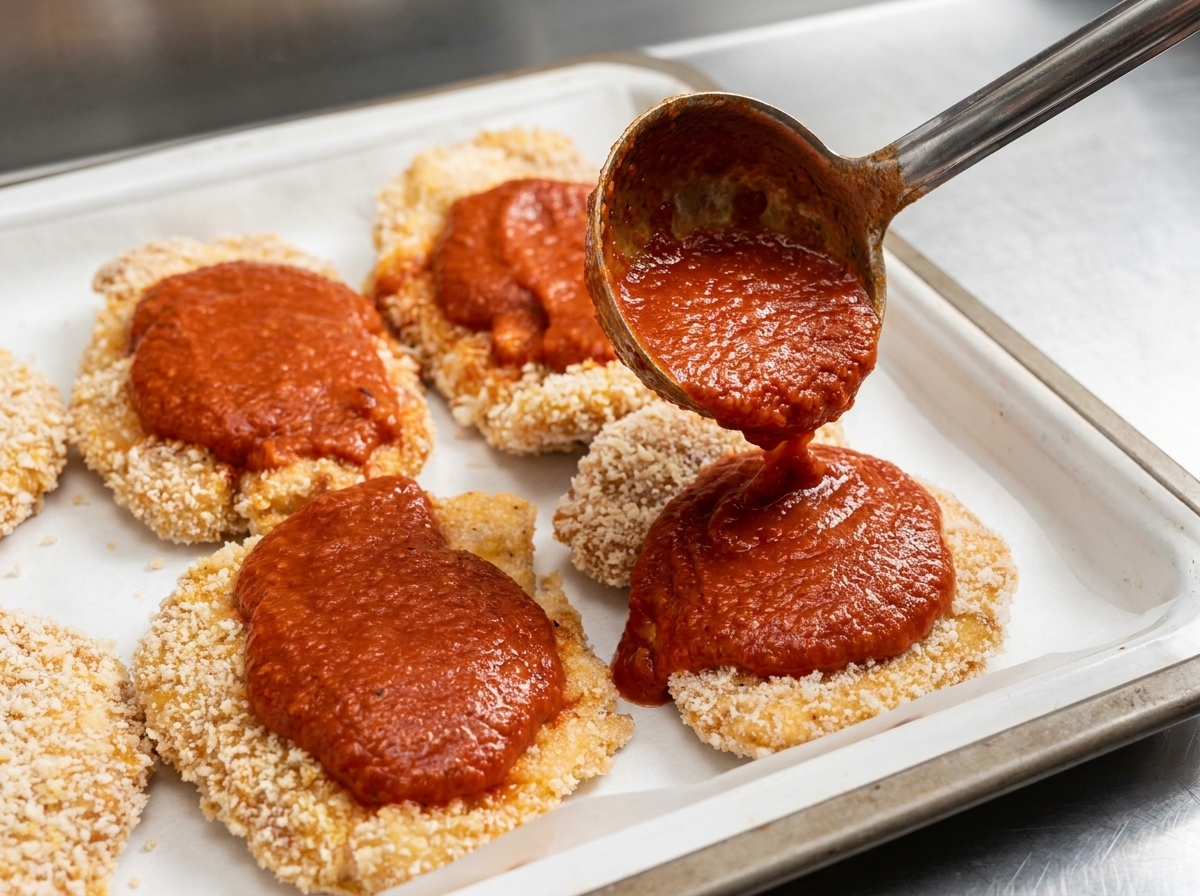 Salsa al pomodoro versata sopra le cotolette impanate disposte su una teglia foderata con carta forno.