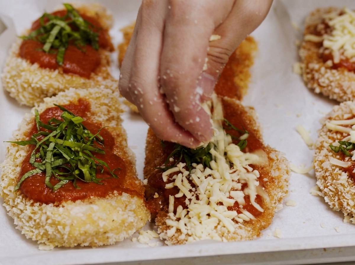 Una mano che cosparge mozzarella grattugiata e basilico fresco sopra le cotolette coperte di salsa.