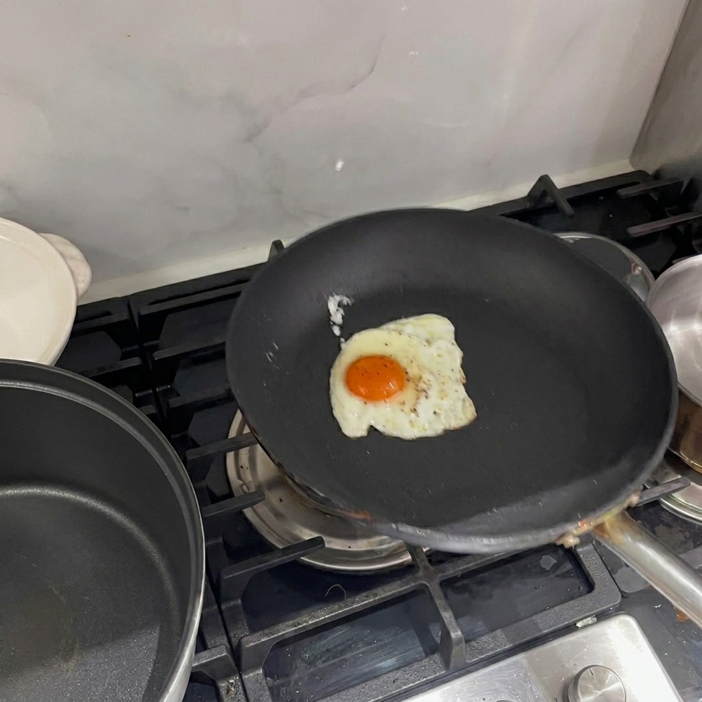 Un uovo al tegamino appena cotto in una padella.