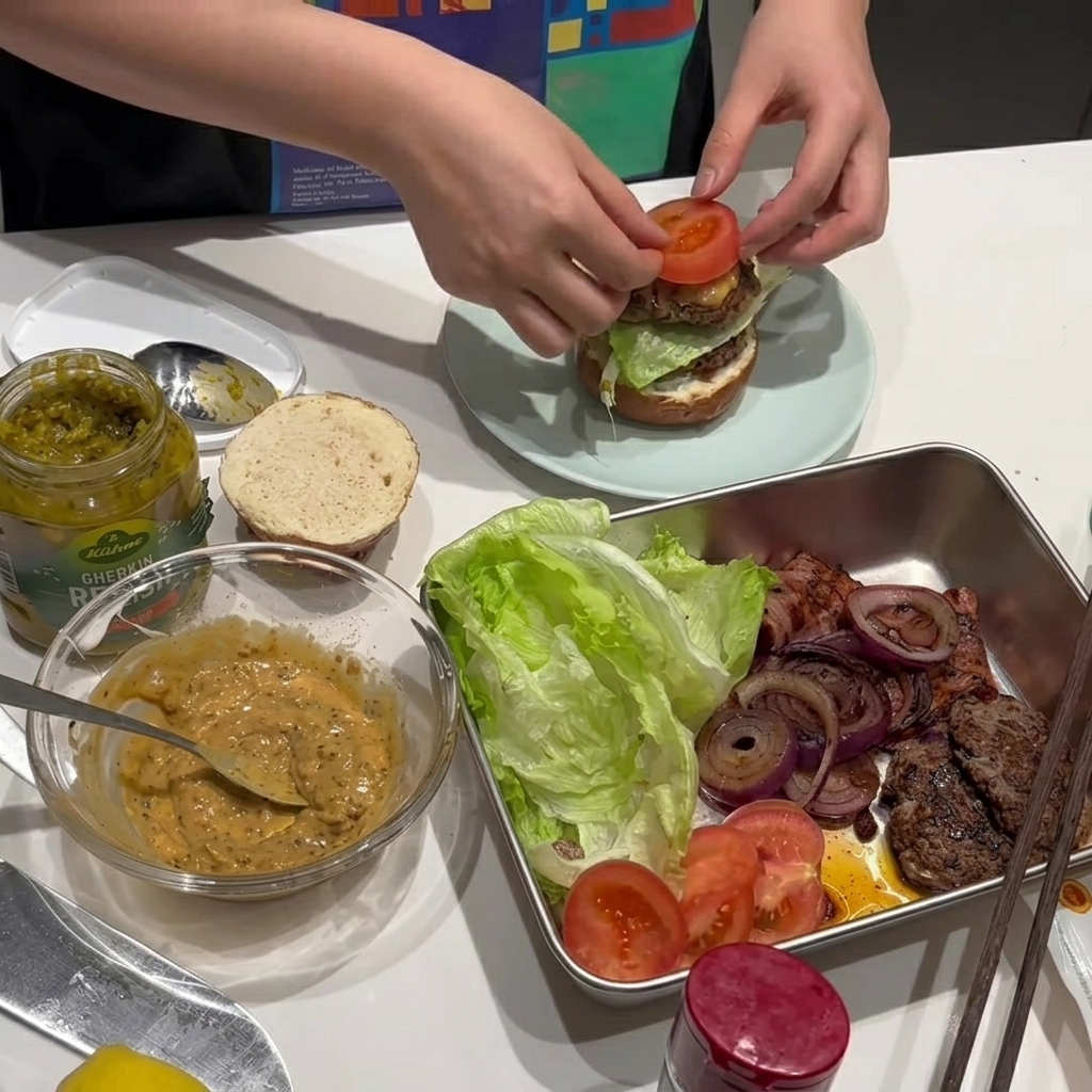 Una fetta di pomodoro succosa posizionata sopra lassemblaggio del burger.