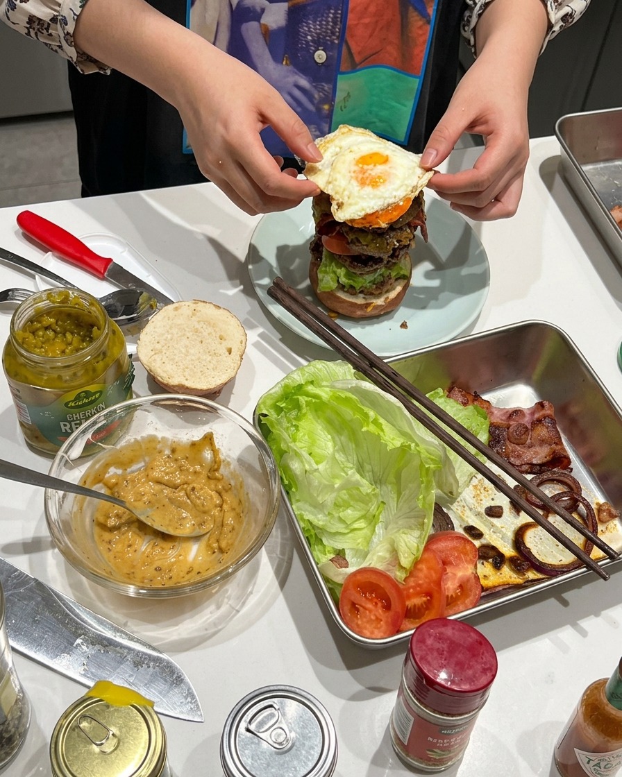 Un uovo al tegamino posizionato sopra il burger.