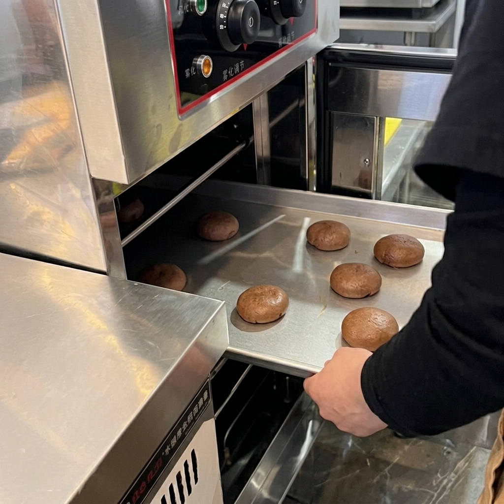 Teglia con panini da burger inserita in una cella di lievitazione professionale.