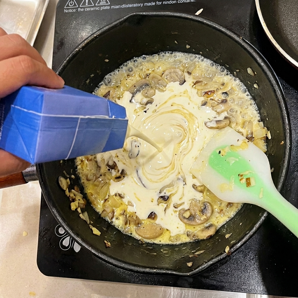 Panna fresca versata nel pentolino con i funghi e la cipolla saltati.