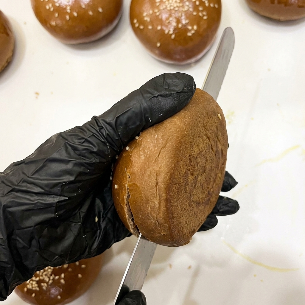 Panino al cacao appena sfornato tagliato a metà con un coltello seghettato.