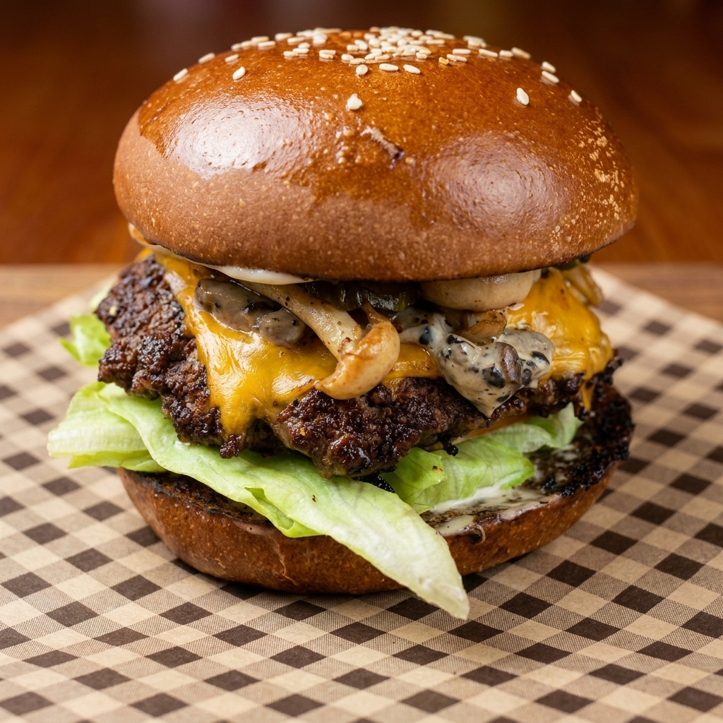 Burger assemblato con strati di lattuga, pomodoro, carne col formaggio e funghi.