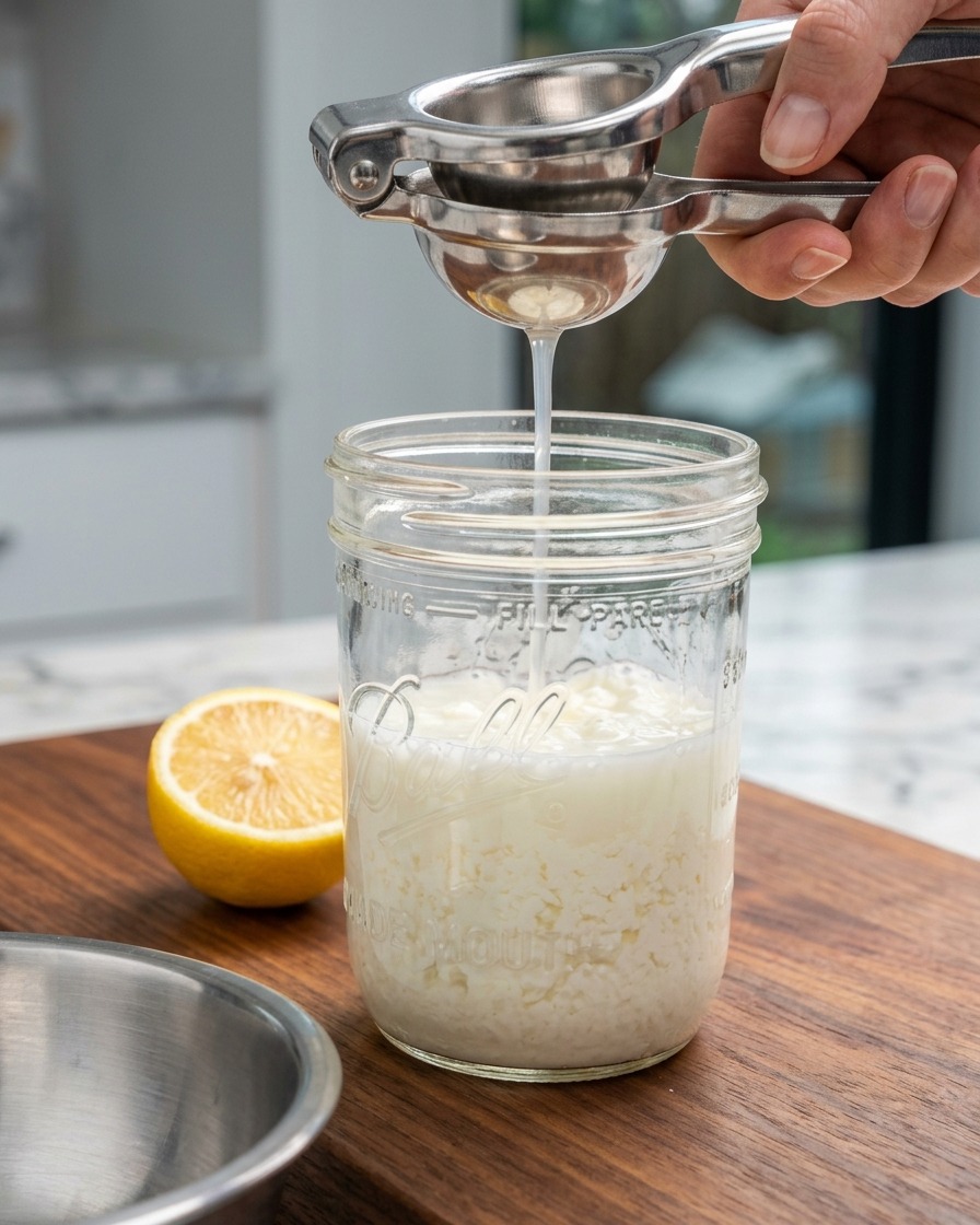 Succo di limone spremuto da uno spremiagrumi in metallo in un barattolo di vetro contenente latte scremato.