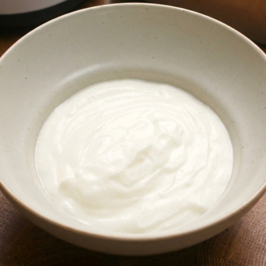 Un misurino di yogurt bianco denso aggiunto a una ciotola che contiene già la cipolla grattugiata.