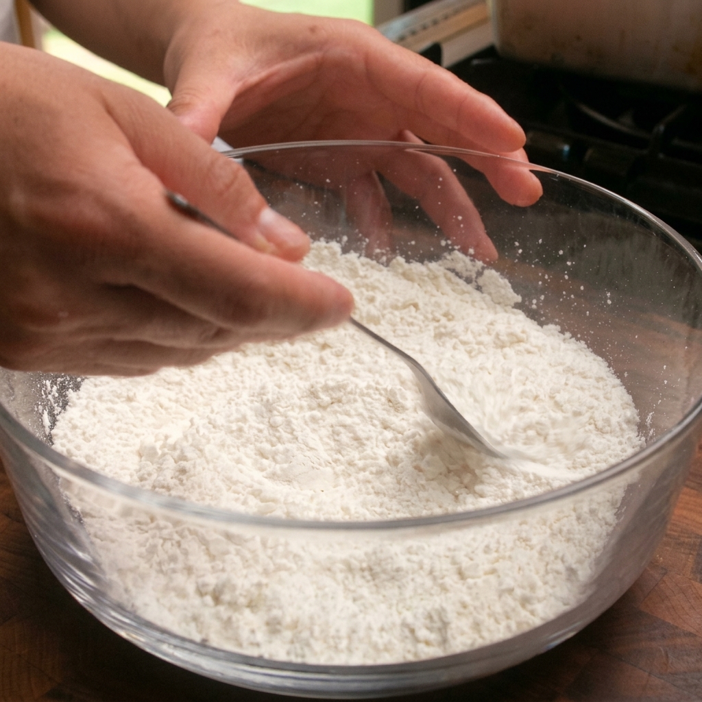 Cosce di pollo impanate in un mix asciutto di farina e amido.