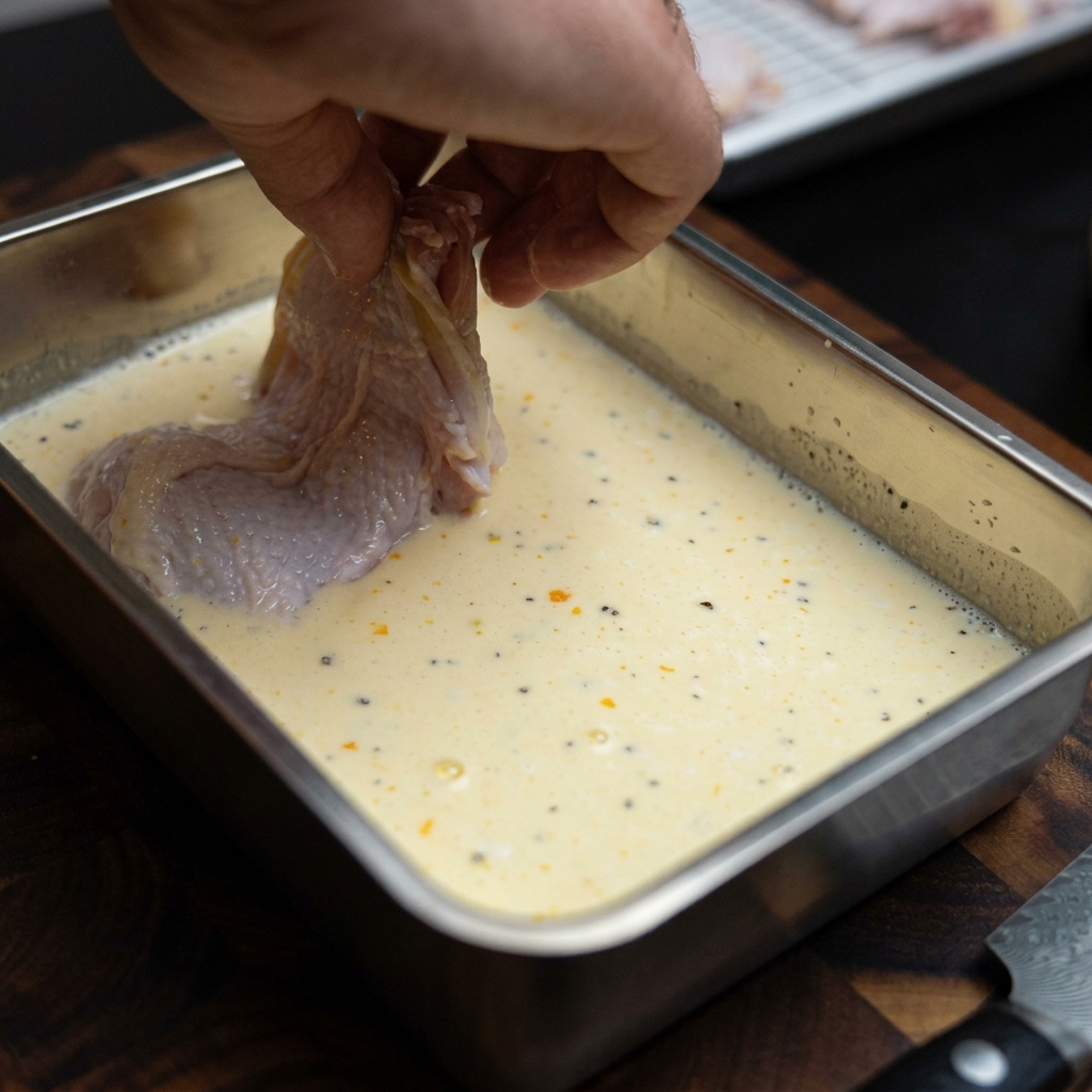 Pezzi di coscia di pollo disossata immersi in una marinatura cremosa di latte e uova in una vaschetta di metallo.