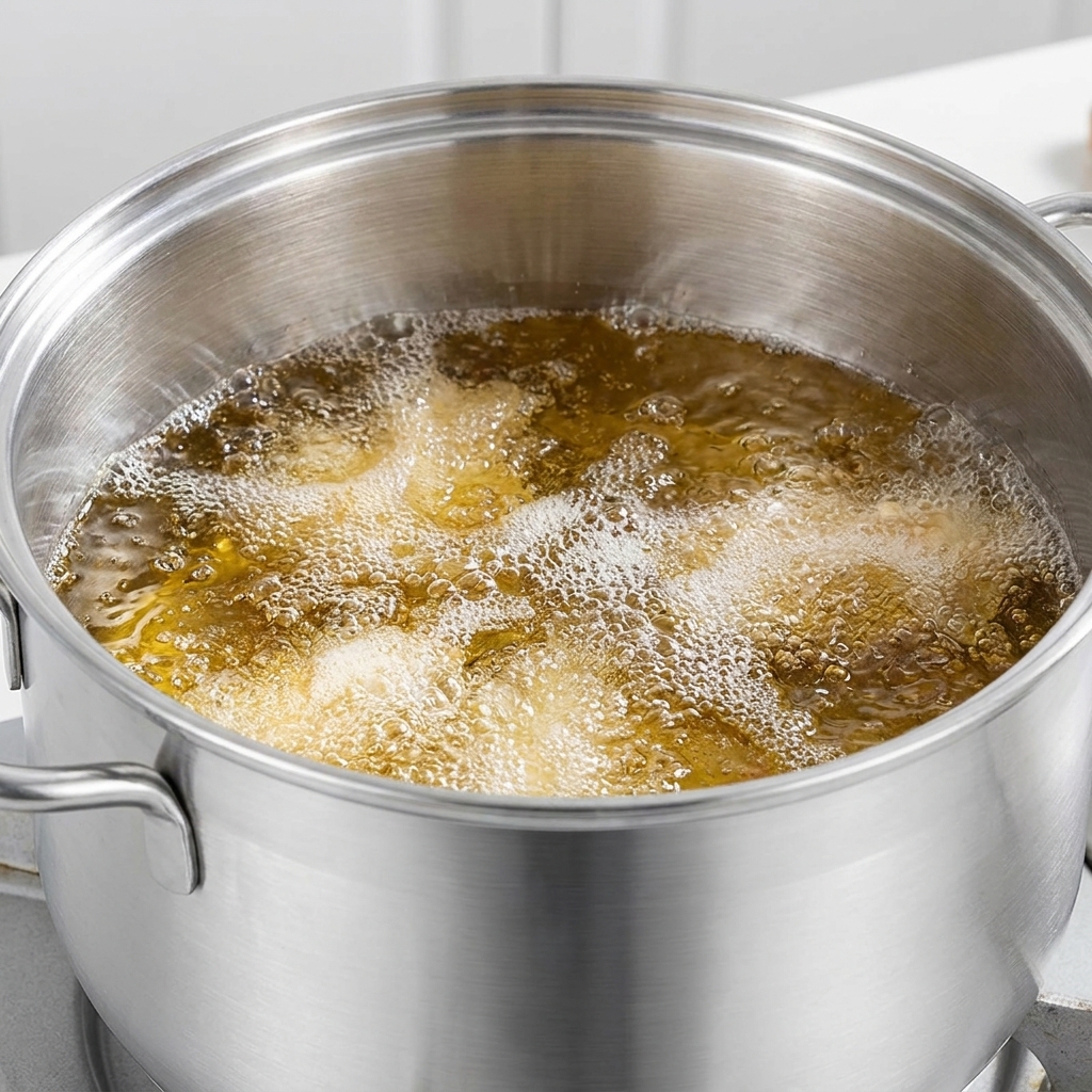 Cosce di pollo impanate che friggono in olio bollente, creando una crosta dorata e piena di bollicine.
