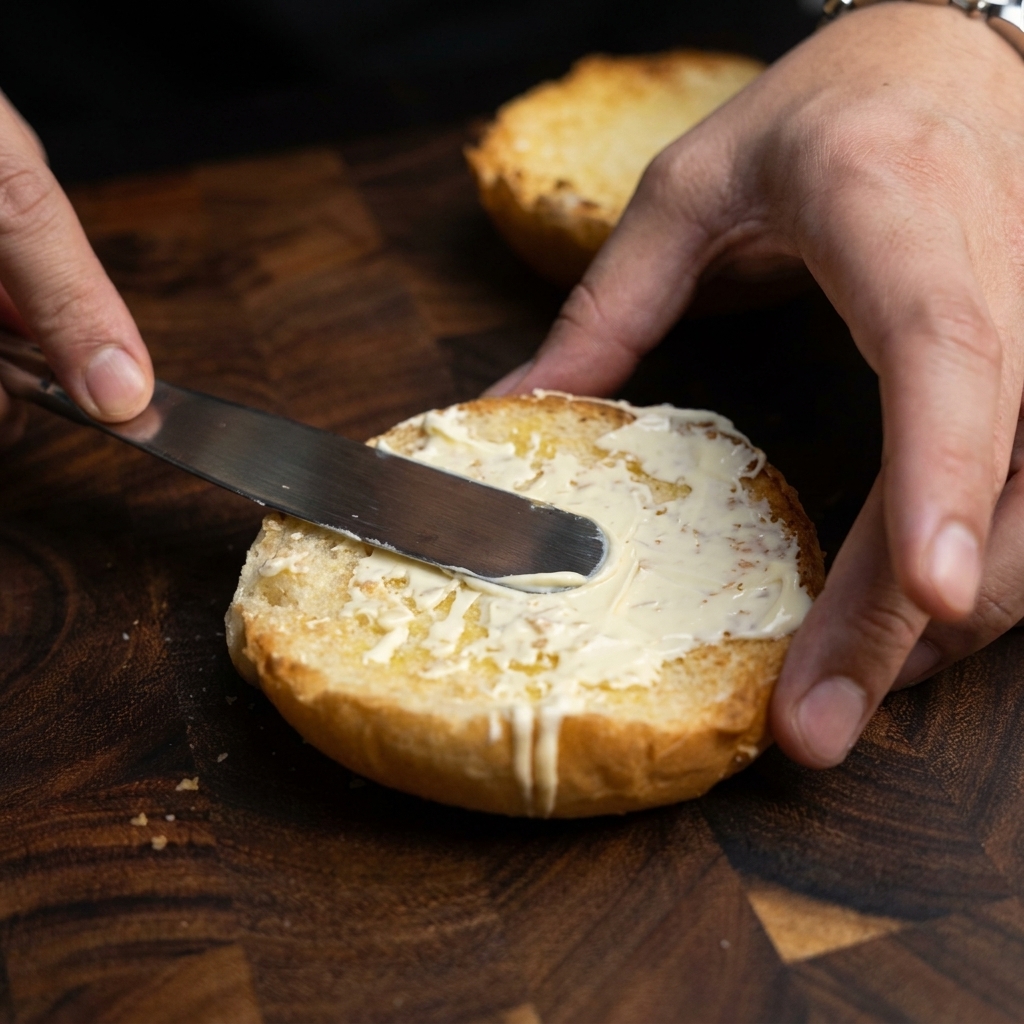 Una coscia di pollo fritto croccante appoggiata su un panino, sormontata da una fetta di formaggio.
