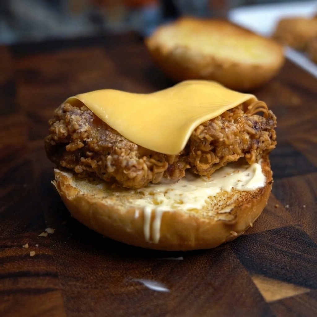 Primo piano di una fetta di formaggio fusa su un filetto di pollo fritto con un cannello da cucina.