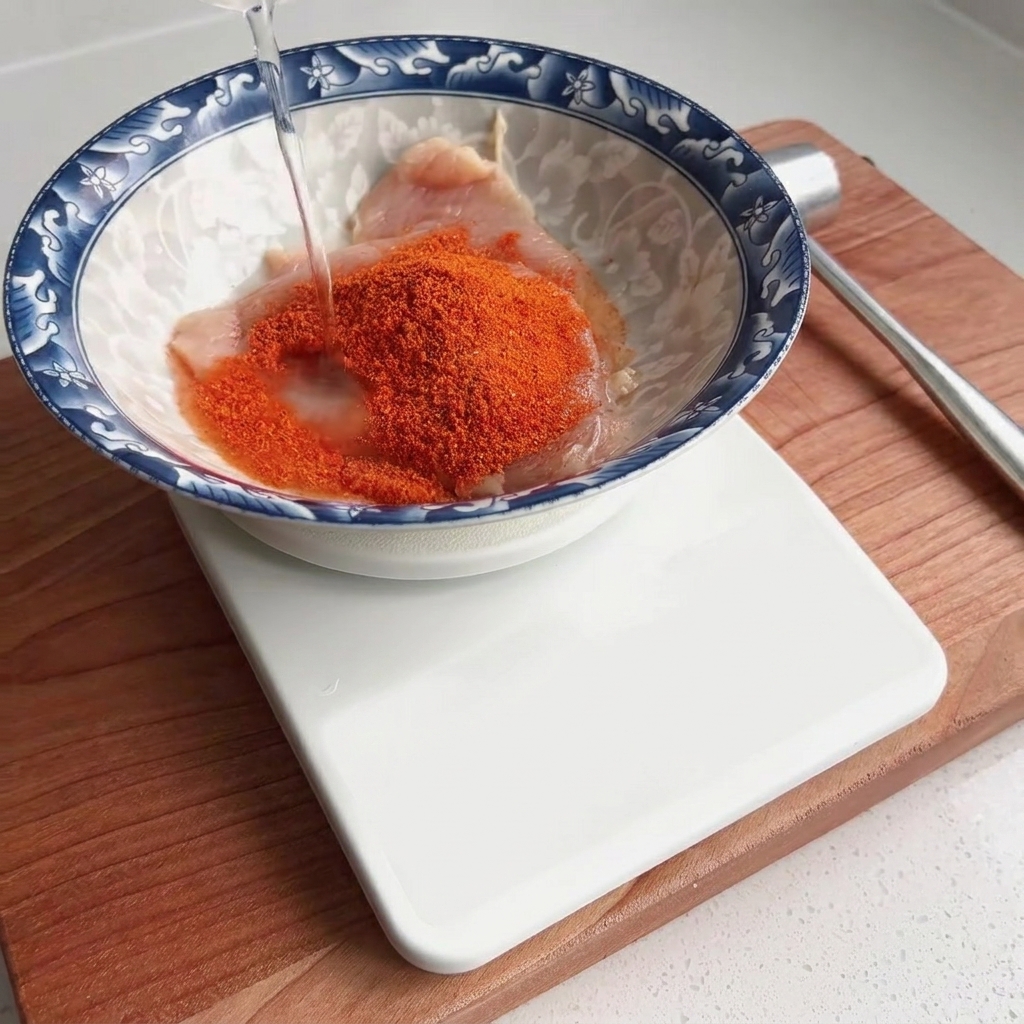 Acqua versata in una ciotola con petto di pollo crudo condito.