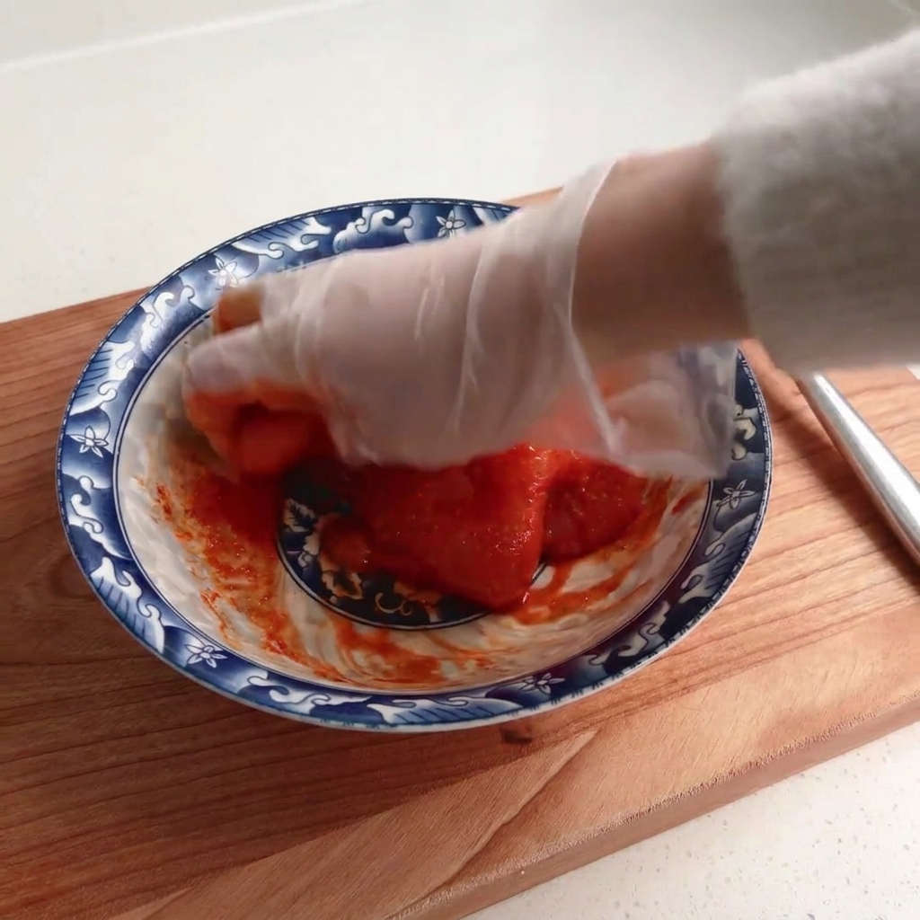 Una mano guantata che mescola la marinatura rossa nel pollo crudo dentro una ciotola.