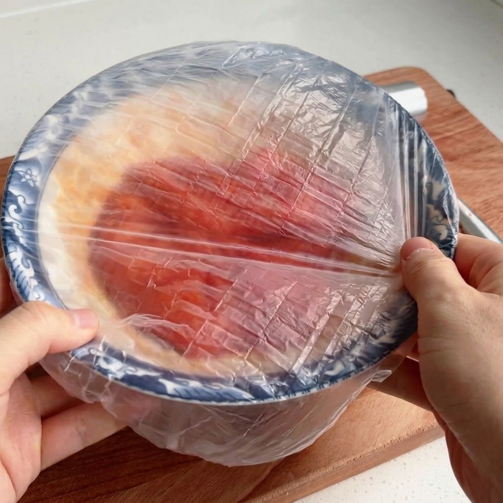 Una ciotola di pollo marinato sigillata con pellicola trasparente.