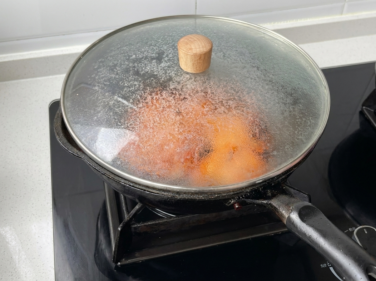 Una padella coperta da un coperchio di vetro, contenente il pollo mentre cuoce.