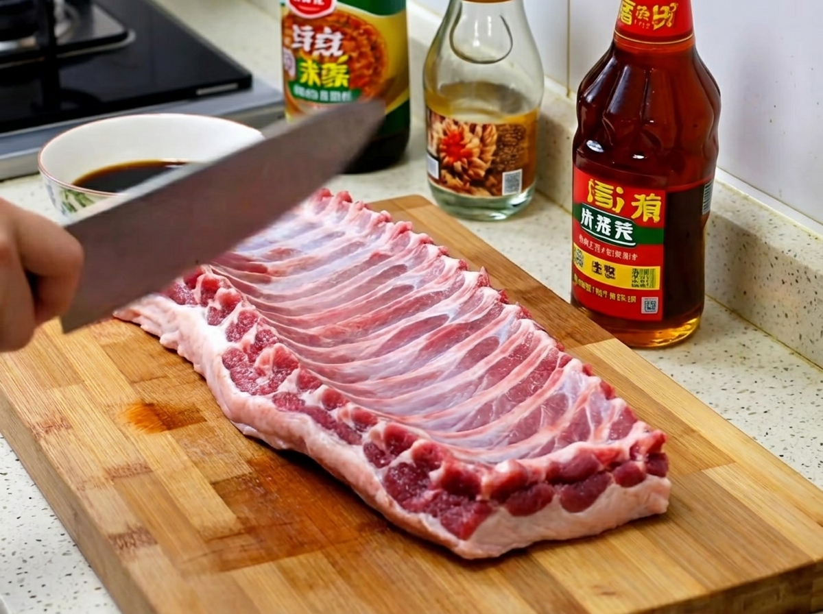 Costine di maiale ricoperte da una salsa scura e ricca allinterno di una ciotola in acciaio inox, circondate da bottiglie di salsa.