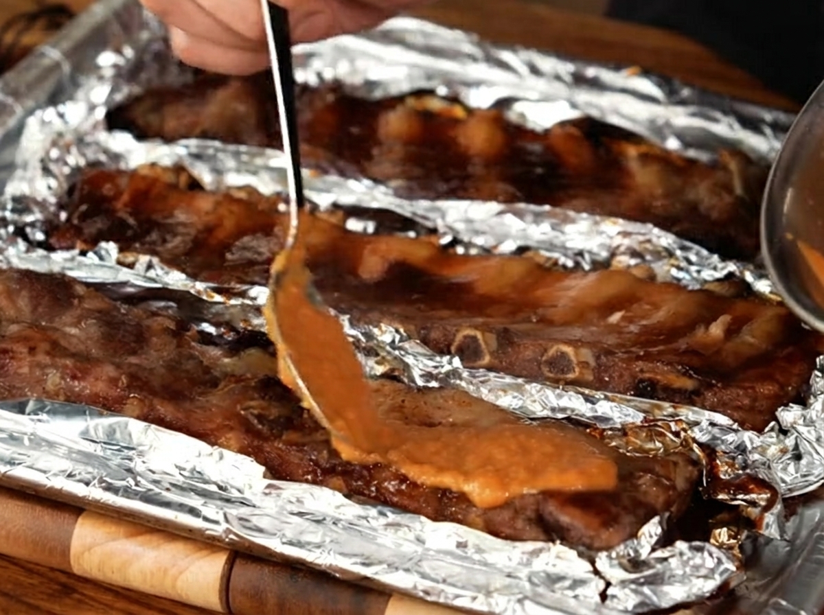 Un pennello da cucina che applica una salsa densa e liscia su costine di maiale arrosto disposte su una teglia rivestita di alluminio.